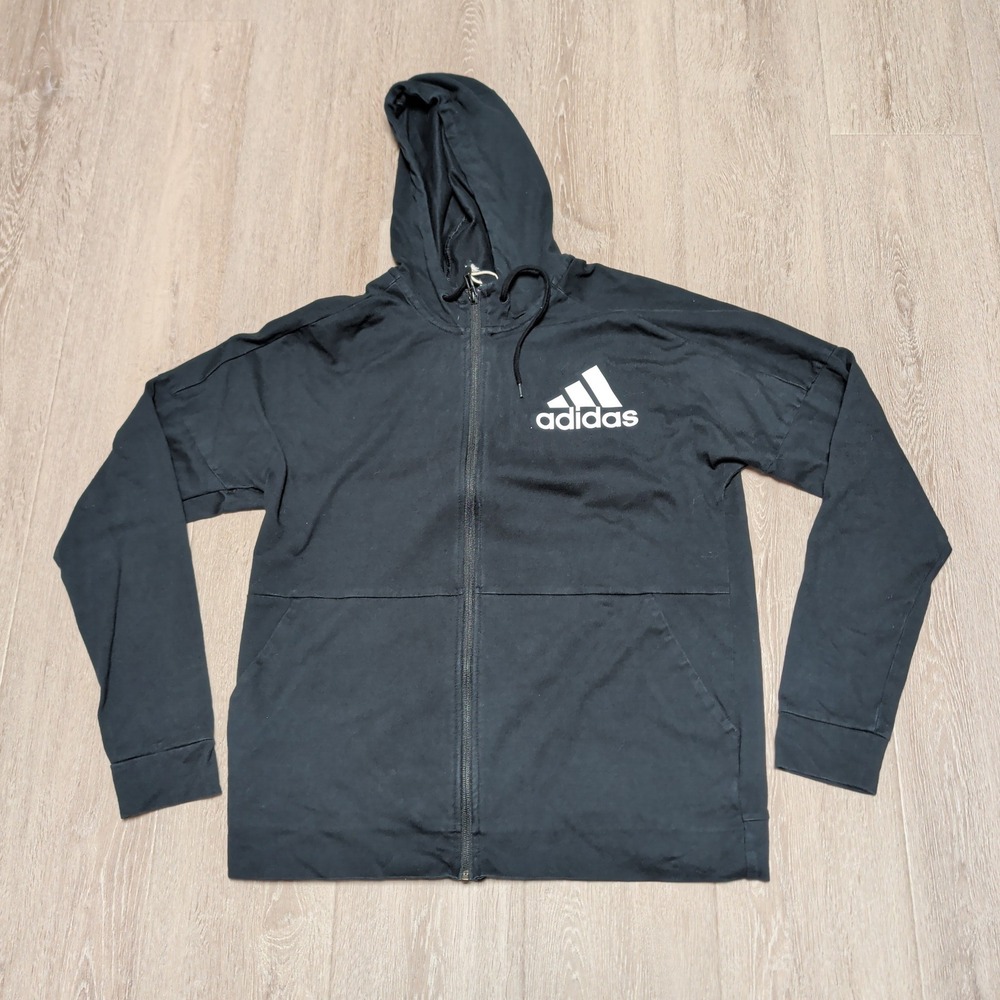 Adidas Mens Full Zip Hoodie Black White Badge‎ of Sport Logo Back Stripes Large